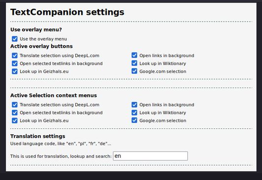 The addon settings to enable or disable shortcuts , the overlay itself and configure the right click menu aswell as setting a default language for translation and lookups.