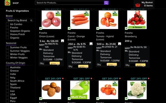 BigBasket.com Indian grocery site with "Force Reverse Colors" mode of Better Text View.