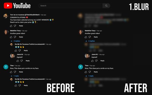 The comment section of a YouTube video, before and after using the extension (blur mode)