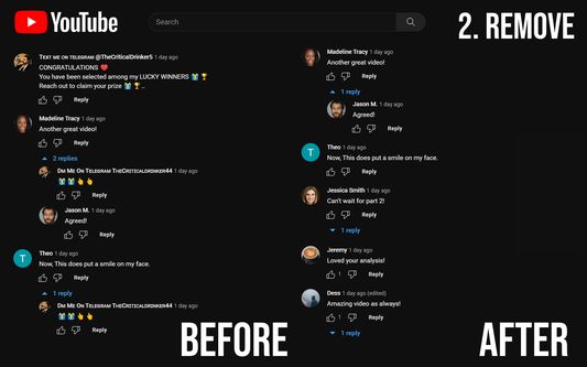 The comment section of a YouTube video, before and after using the extension (remove mode)