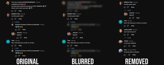The comment section of a YouTube video, before and after using the extension (blur and remove mode)