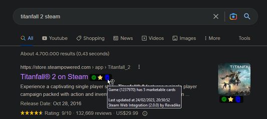 Steam link appearing in google search results