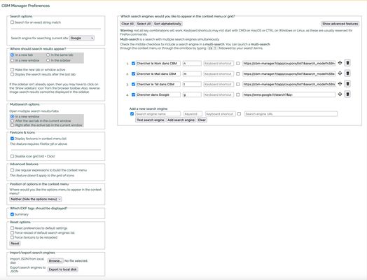 La page d'options de l'extension où les moteurs de recherches sont listés