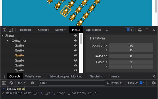 The PixiJS Devtools panel with a Sprite selected