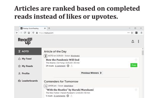 Articles are ranked based on completed reads instead of likes or upvotes.