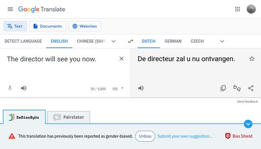Bias Shield in action on Google Translate