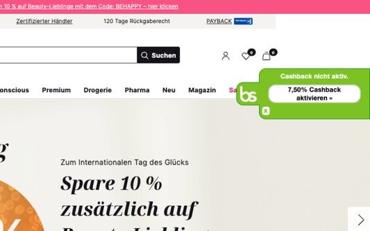 eine Website besuchen und Sie auf verfügbare Cashbacks hinweisen