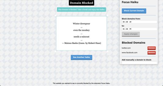 Block a list of websites for a given time slot and read a haiku instead