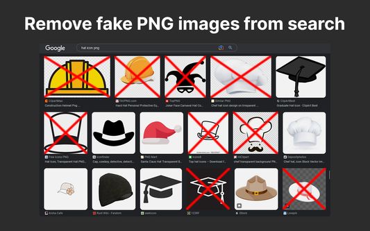 Screenshot shows that when searching "hat icon png" results are populated with fake transparent images. Red marks shows fake transparent images that extension will remove, if it was installed