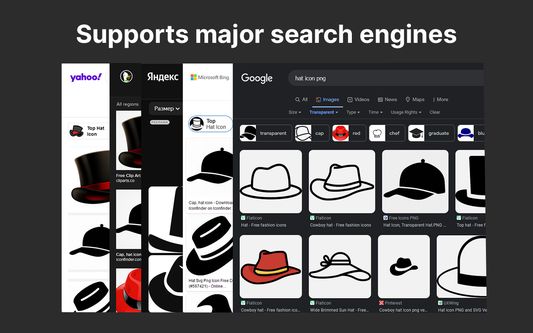This image shows that extension supports major search engines such as: Google, Bing, Yandex, DuckDuckGO, Yahoo
