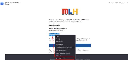 The text is selected and when you right click, a drop down menu with the option to "Convert Date and time" is available