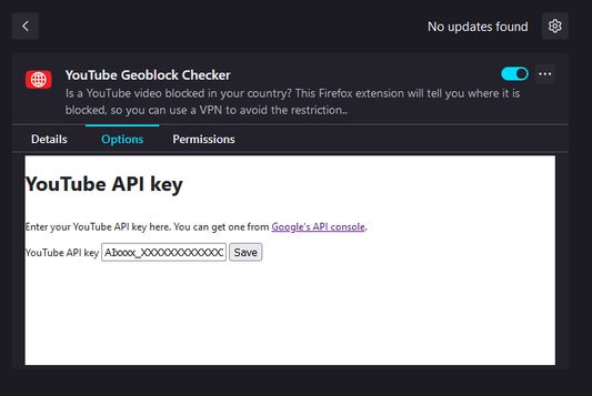 The options page where you need to introduce a YouTube Data API key.
