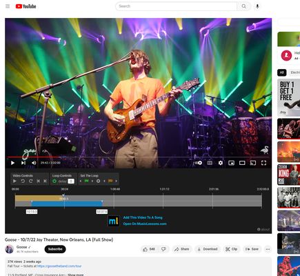 The YouTube for Musician video controller includes a loop control that allows you to repeat sections of YouTube videos.