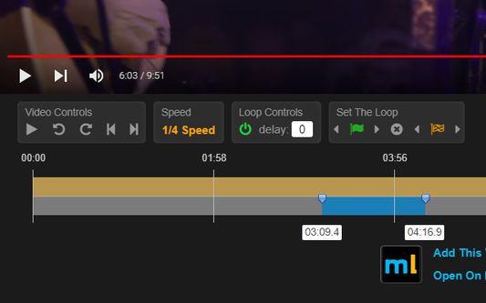 Here's a closeup of the YouTube for Musicians video controls, with a loop control and a loop set.
