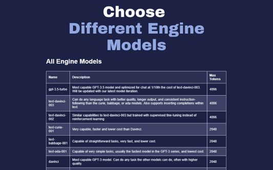 Choose different engine models from the Open AI.