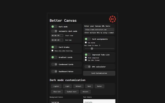 The menu where you can turn on features or customize dark mode