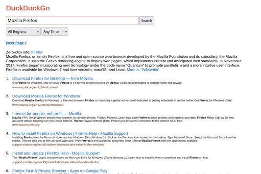 Part of DuckDuckGo Lite search results page displaying results for search query “Mozilla Firefox”.