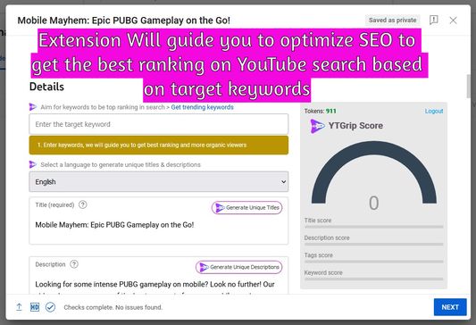 Extension Will guide you to optimize SEO to get the best ranking on YouTube search based on target keywords