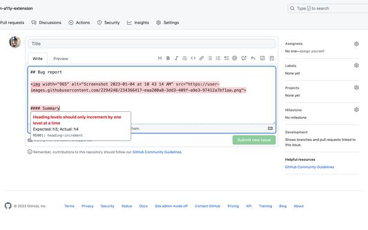 Screenshot of a 'new issue' form on GitHub.com. Two Markdown issues are noted with a red highlight color. A tooltip is visible below one highlight, describing the issue as "Heading levels should only increment by one level at a time"