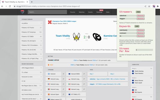 Image of the extension settings popup and the added VOD links on the match page.