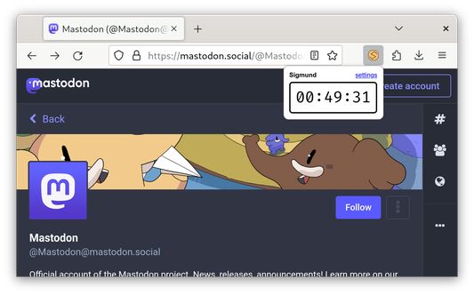 Sigmund showing fifty-nine minutes or so remaining, and ticking down on Mastodon (yellow emblem).
