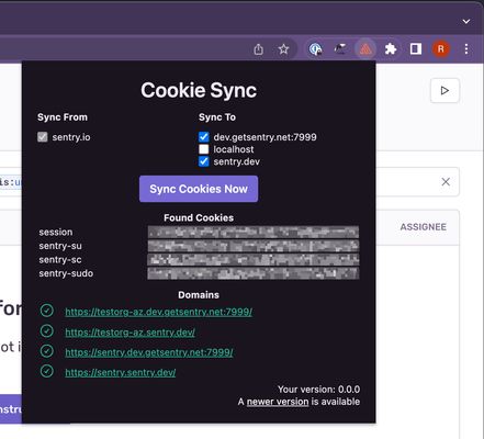 Cookies Sync popup window showing cookies successfully applied to development hosts.
