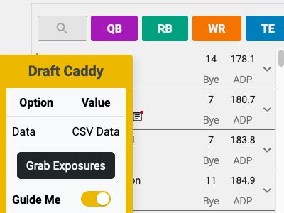 Draft Caddy overlay on the Underdog live draft page.