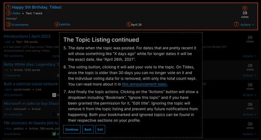 An example of the Homepage tour highlighting certain parts of Tildes.
