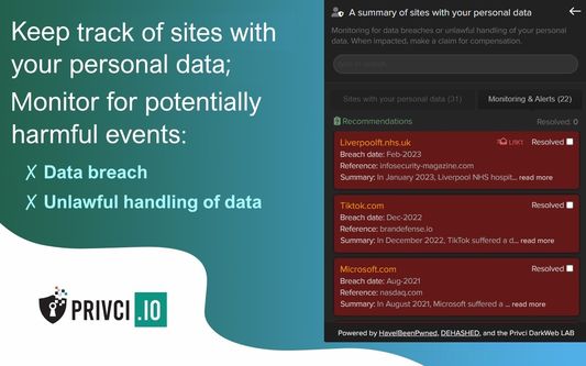 Keep track of sites that collect your personal data. Monitor for potentially harmful events; Data breach, unlawful data handling