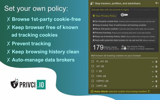 Online data protection and privacy. Set your onw privacy policy. Prevent tracking, auto-clear browsing history, remove known ad cookies.