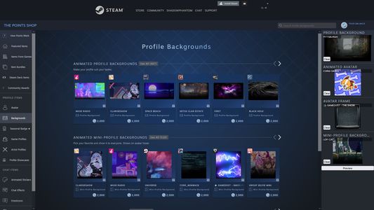 Steam points shop with the extension's menu on the right side.