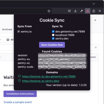 Cookies Sync popup window showing cookies successfully applied to development hosts.