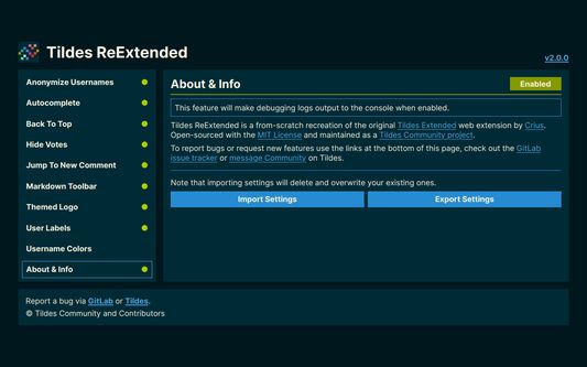 Tildes ReExtended About & Info (version 2.0.0).