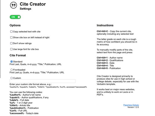 Cite Creator option panel