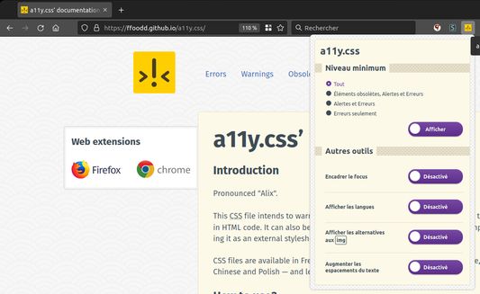 a11y.css webextension popup displaying actions: inject a11y.css (with level choice), outline focus, show languages used, show img alternatives and increase text spacings.