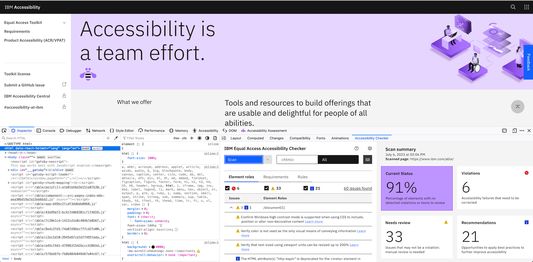 The screenshot shows view of IBM Equal Access Accessibility Checker integrated into the developer tool.