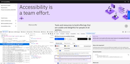 The screenshot shows view of IBM Equal Access Accessibility Checker integrated into the developer tool.