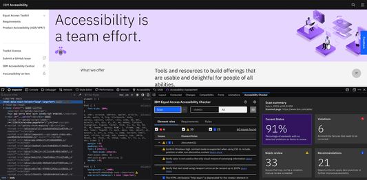 The screenshot shows view of IBM Equal Access Accessibility Checker integrated into the developer tool.- Dark mode