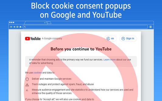 YouTube cookie consent popup blocked by the extension Cookie Consent Popup Blocker