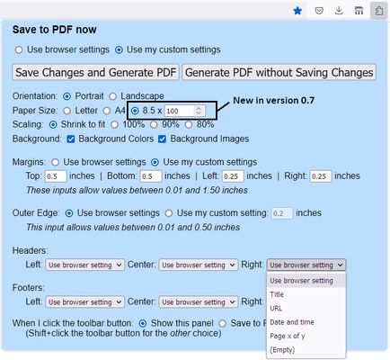 Use the toolbar button to print and also to manage custom settings. (Find the add-on button on the Extensions button drop-down.)