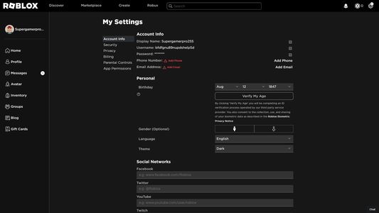 Picture of the settings page on roblox.com with the addon installed.