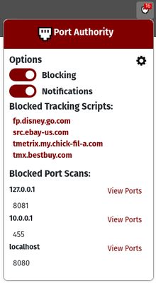 The GUI allows the user to turn on or off global blocking, notifications and add domains to a whitelist using the gear in the top right corner.
