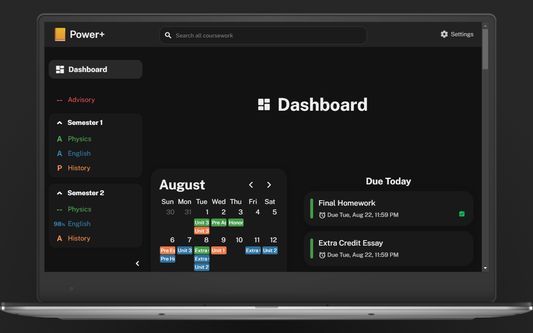 The Power+ dashboard, showing classes, an assignment calendar, and a feed at a glance.