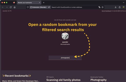 Open a random bookmark from your filtered search results by pressing Enter or clicking the 🎲