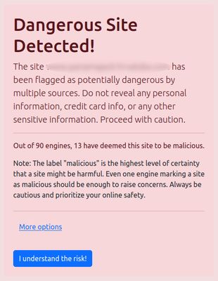 Warning page which is opened upon visiting a malicious domain.