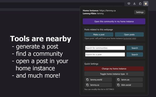 Popup menu has tools for posting, finding posts, searching for communities & content, and redirecting to home instance