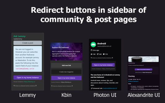 Community and post pages on foreign instances will have buttons to redirect