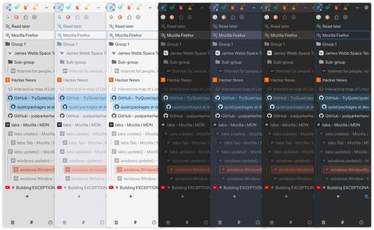 Firefox theme support (Pictured themes: "Modern Light", "Arc Theme", "Fresh Light Theme", "Almost Dark Proton", "Arc Dark Theme", "Druvbox Dark", "Fresh Dark Theme")