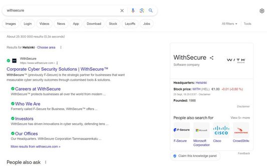 Browsing Protection by WithSecure provides safety rating indicators for search results.