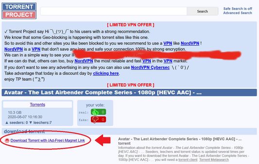 A screenshot of the torrentproject page showing an amended magnet link that says Download Torrent with (Ad-Free) Magnet Link